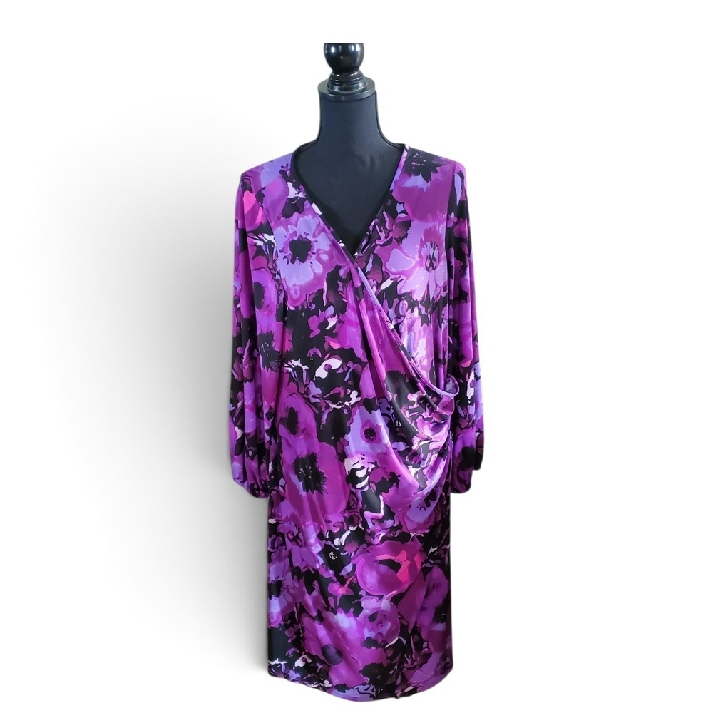 Chaps Womens Purple Floral Faux Wrap Dress Long Sleeve V-Neck Plus Size 18W